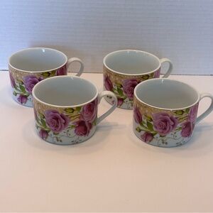Savoy Home Floral Rose Tea Cups Gold Edging Set of 4